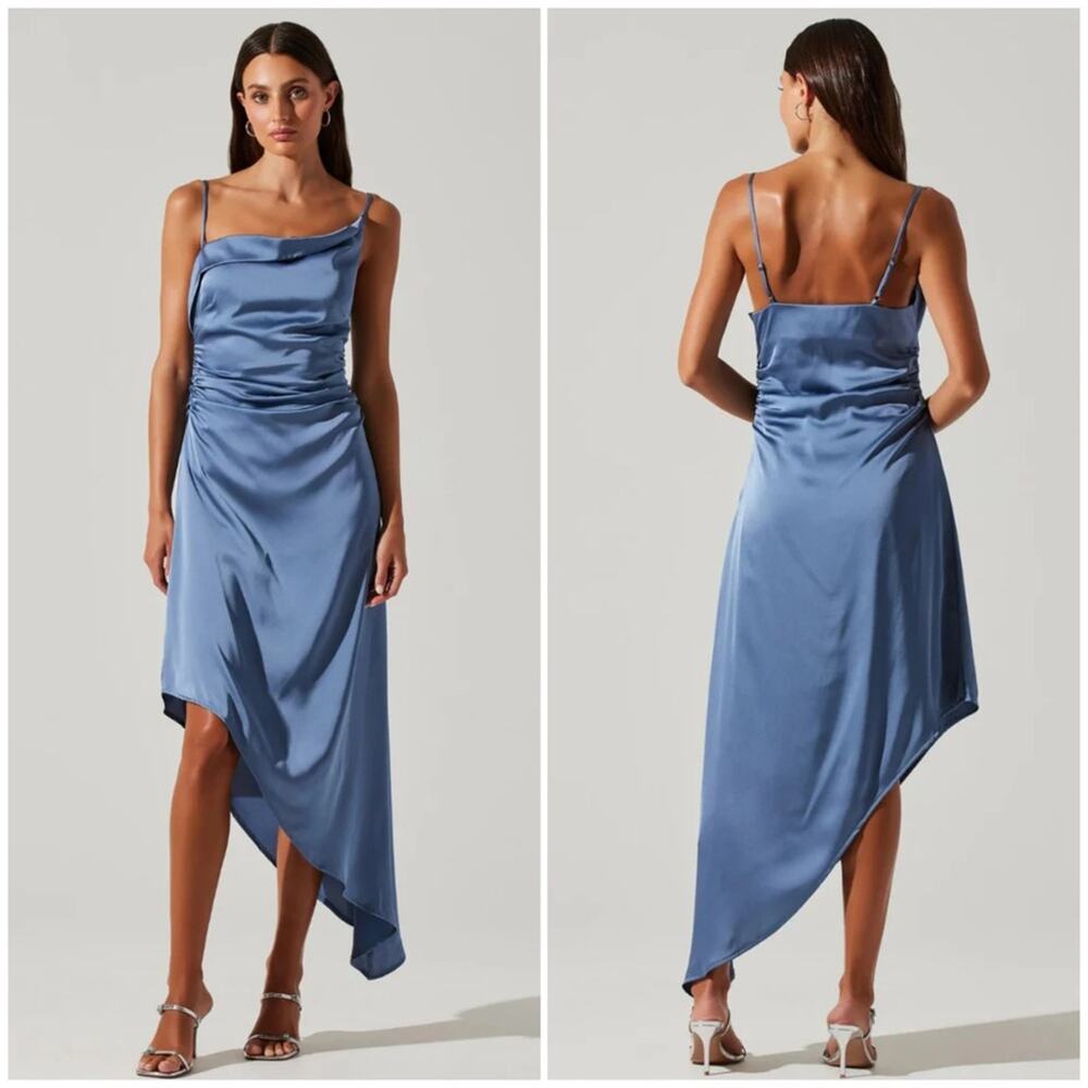 ASTR The Label Mirie Midi Dress M Slate Blue Satin Asymmetric Elegant Formal
